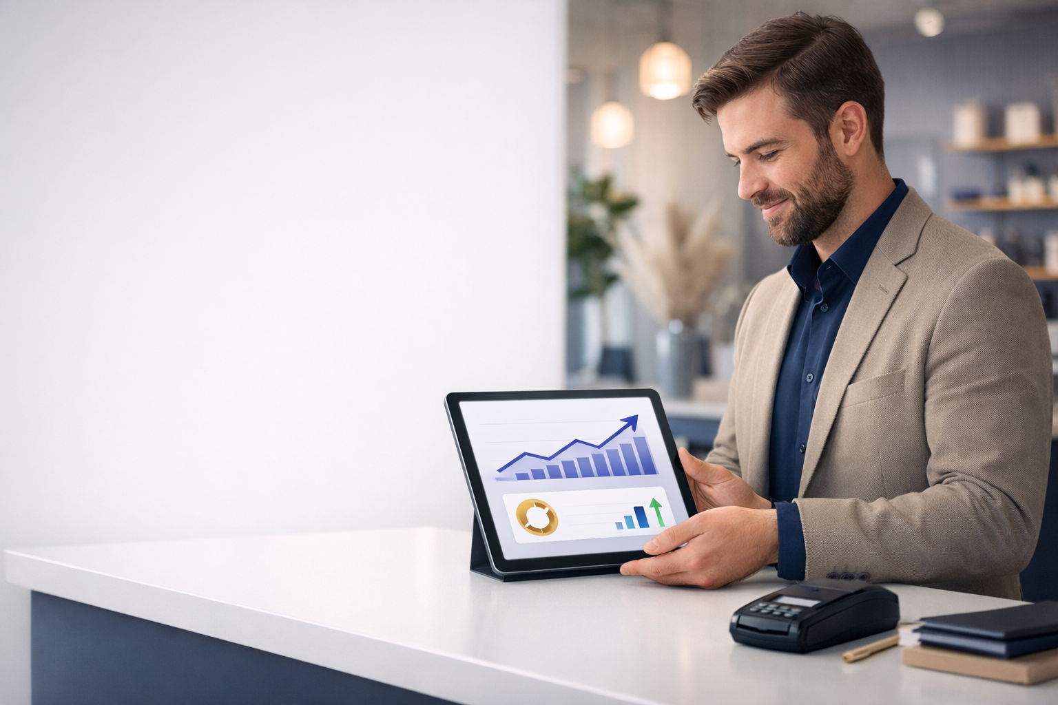 Merchant reviewing customer data